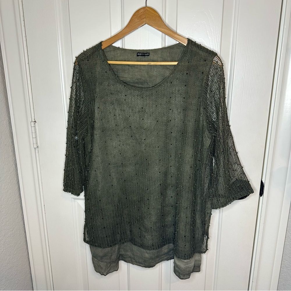 Hannah Army Green Tie Dye Shimmer Net Layer 3/4 Sleeve Tunic L Mermaid Lagonlook